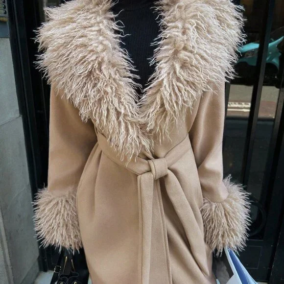 Khaki Bohemian Women's Long Coat with Faux Fur Trim - Picture 8 of 8